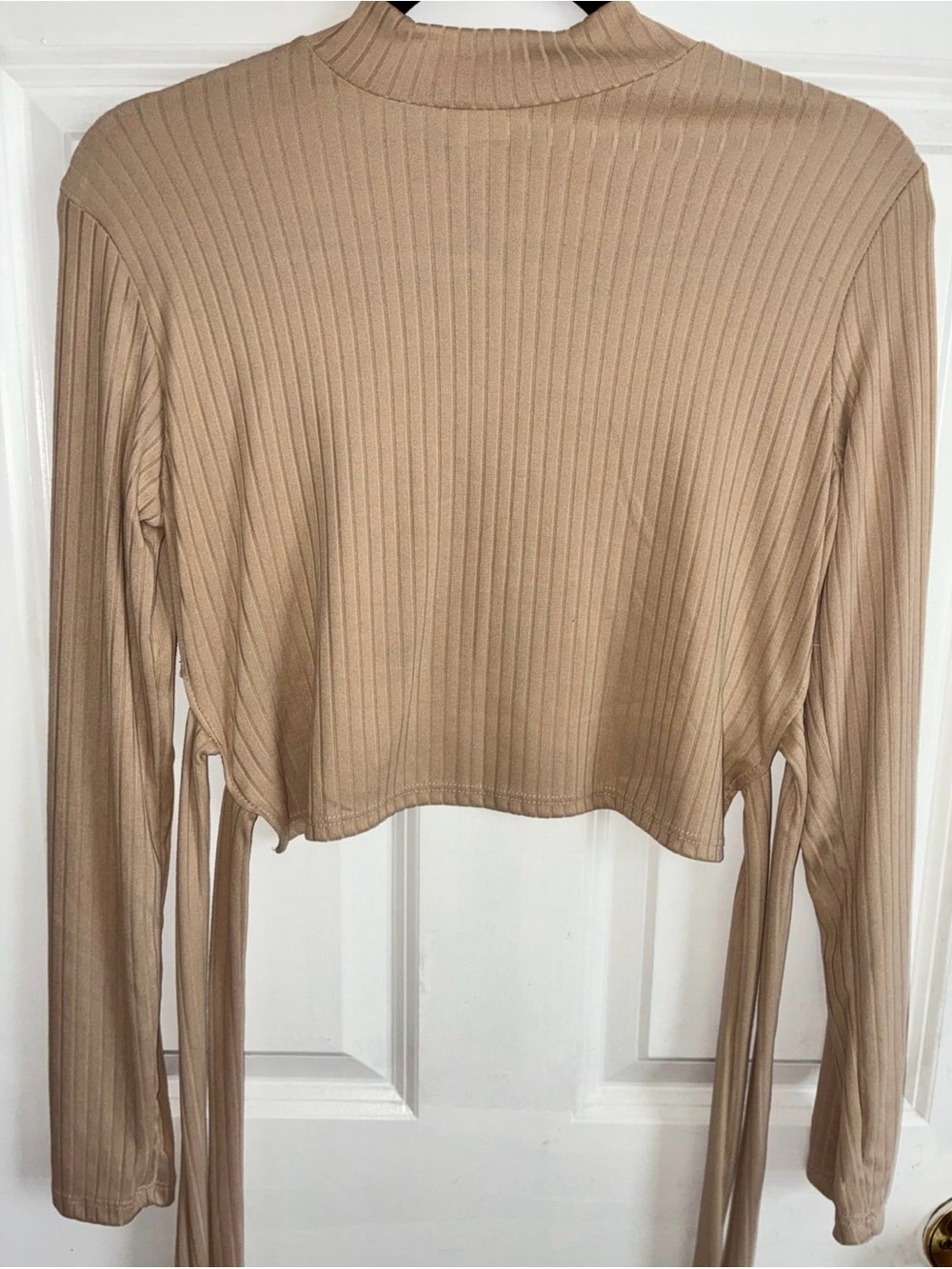 Arabella Beige Ribbed Mock-Neck Crop Top